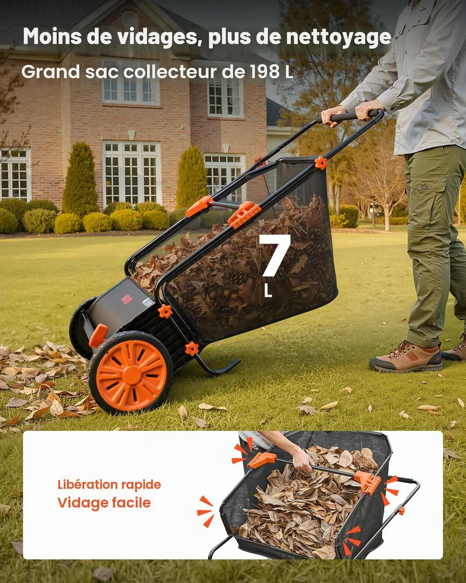 VEVOR Balayeuse à Gazon Manuelle 66 cm, Ramasseur de Feuilles et d'herbe avec Sac Collecteur de 198 L pour Jardin et Pelouse, Hauteur des Brosses Réglable, Brosses Rotatives, Roues en Caoutchouc