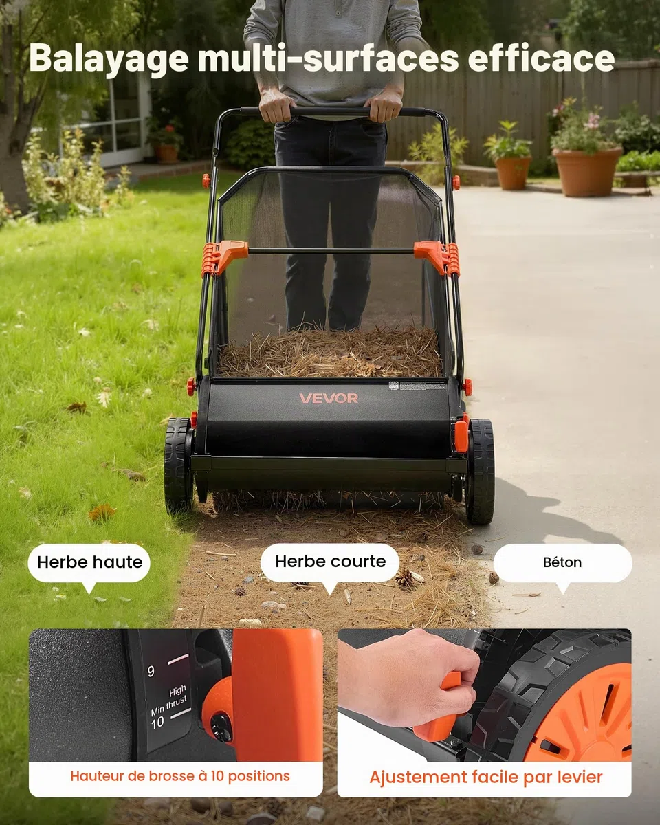 VEVOR Balayeuse à Gazon Manuelle 66 cm, Ramasseur de Feuilles et d'herbe avec Sac Collecteur de 198 L pour Jardin et Pelouse, Hauteur des Brosses Réglable, Brosses Rotatives, Roues en Caoutchouc