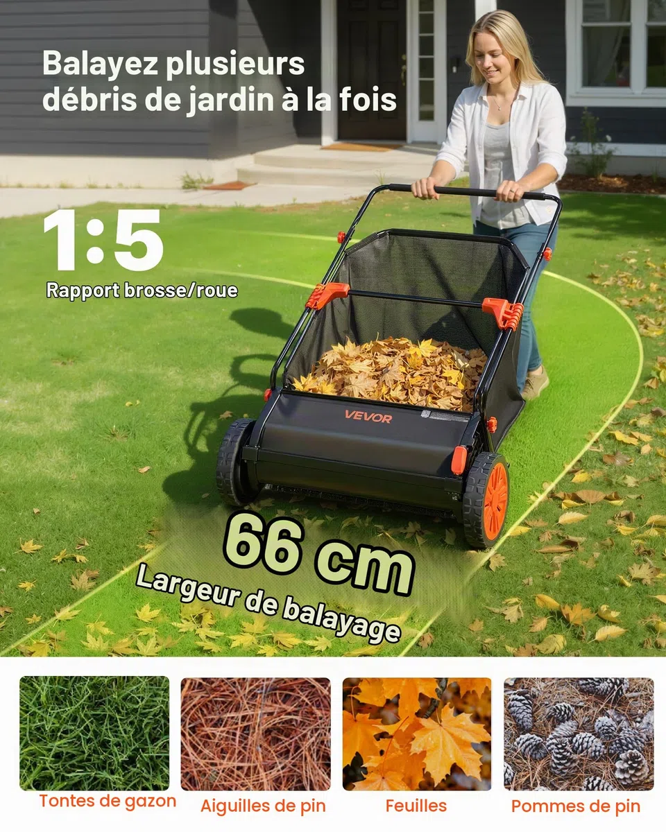 VEVOR Balayeuse à Gazon Manuelle 66 cm, Ramasseur de Feuilles et d'herbe avec Sac Collecteur de 198 L pour Jardin et Pelouse, Hauteur des Brosses Réglable, Brosses Rotatives, Roues en Caoutchouc