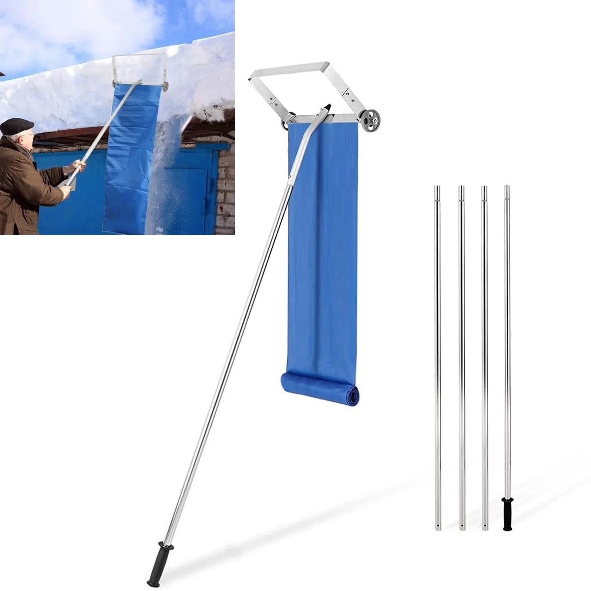 Râteau À Neige for Toit De Maison avec Poignée Télescopique Réglable, Outil De Brosse De Déneigement en Aluminium, Outil De Démontage De Râteau À Neige Léger, Bleu, 20 Pieds